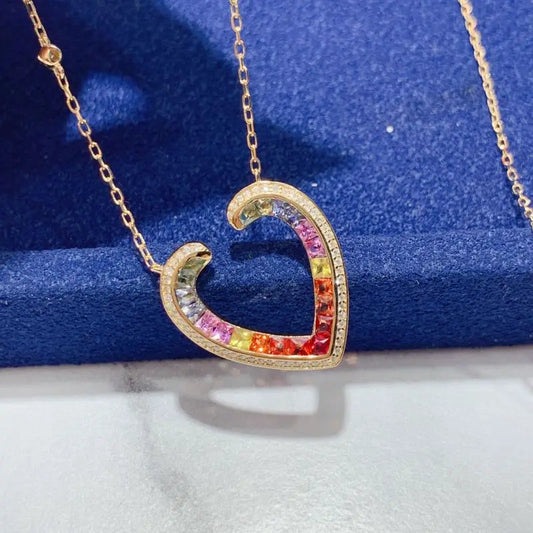 Natural Sapphire, Natural Diamond. Rainbow Color Heart Necklace.