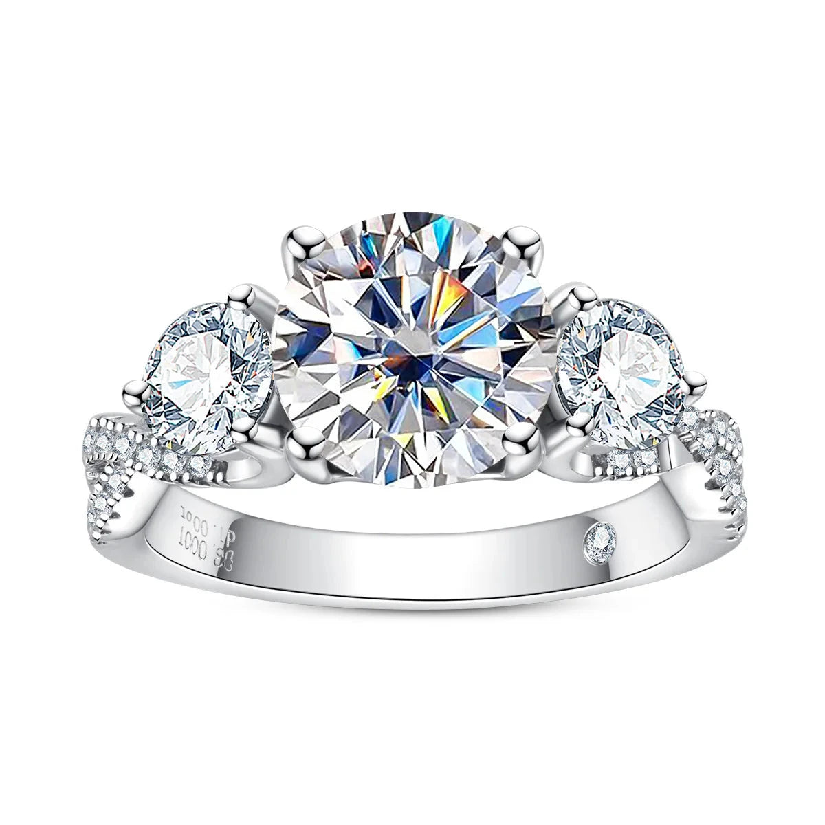 Elegant 3-Stone Halo Moissanite Ring - 4.25ct Total, All Moissanite.