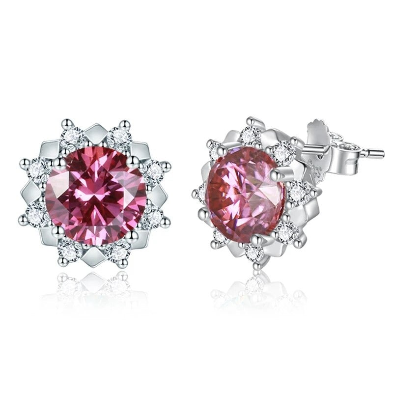 Pink Moissanite Stud Earrings. 2.0 Carat. 18K White Gold Plated Silver.