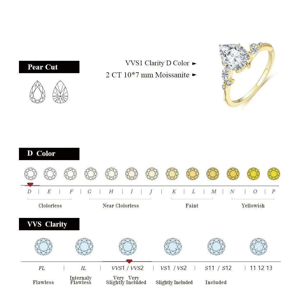 Gold Luxury Genuine Moissanite Engagement Rings. Pear Shaped. 2.0 Carat. D VVS1.