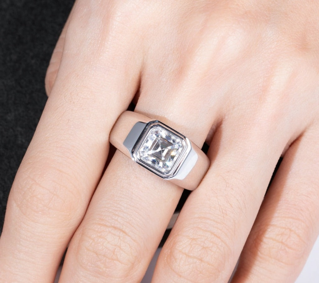 3.0 Carat. Asscher Cut. Genuine Moissanite. Men Rings. VK. Diamonds