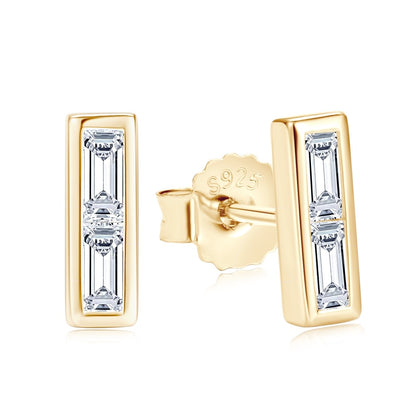 Elegant Moissanite Stud Earrings. Emerald Cut. 2*4mm 18K Gold Plated Silver.