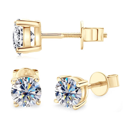 Gold Moissanite Stud Earrings. 6mm 0.80 Carat. 10K Gold.