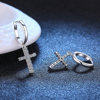 Cross-Shaped Genuine Moissanite Earrings. 18K White Gold Plated Silver.