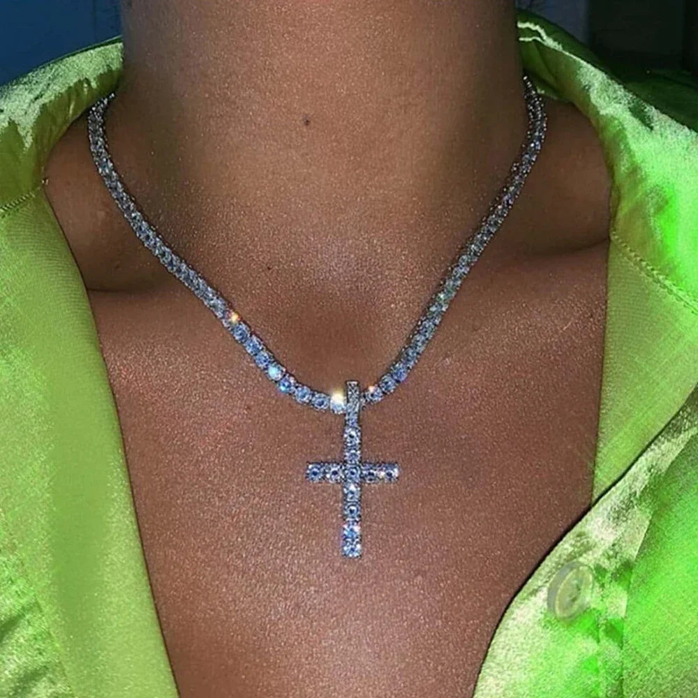 Luxury Moissanite Tennis Necklace with Cross Pendant.