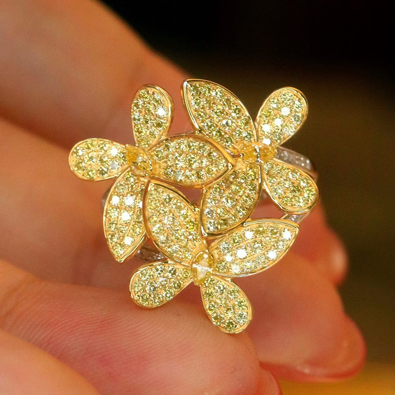 Elegant Yellow Natural Diamond Rings. Flower Shape Rings.
