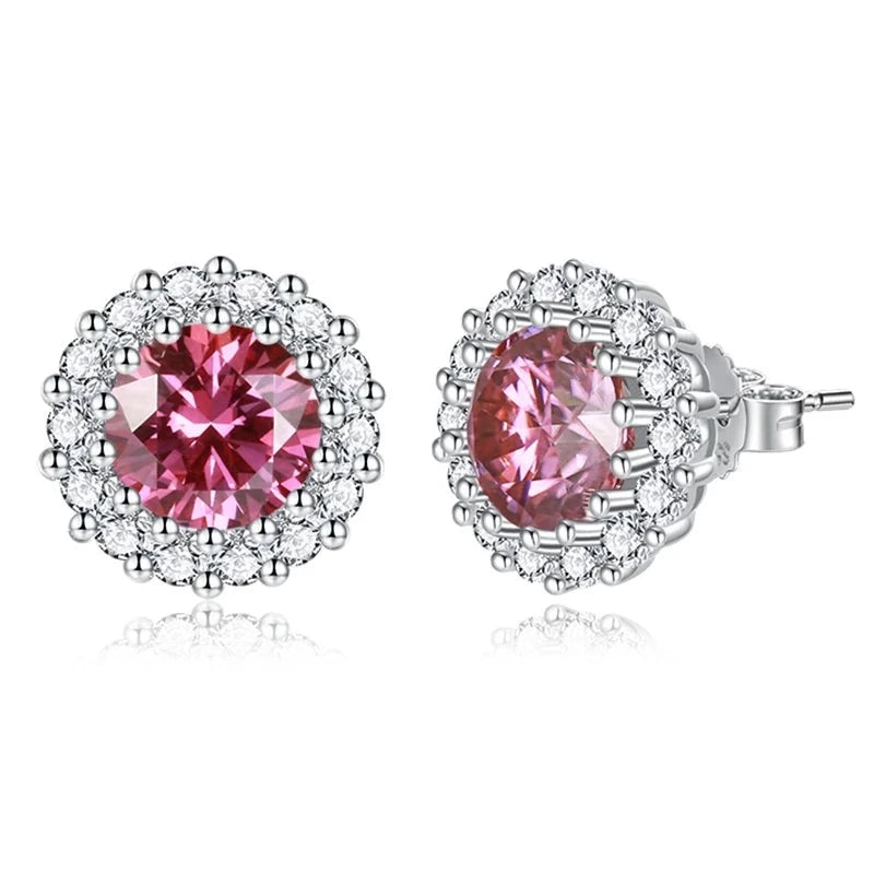 Pink Moissanite Stud Earrings. 2.0 Carat. 18K White Gold Plated Silver.