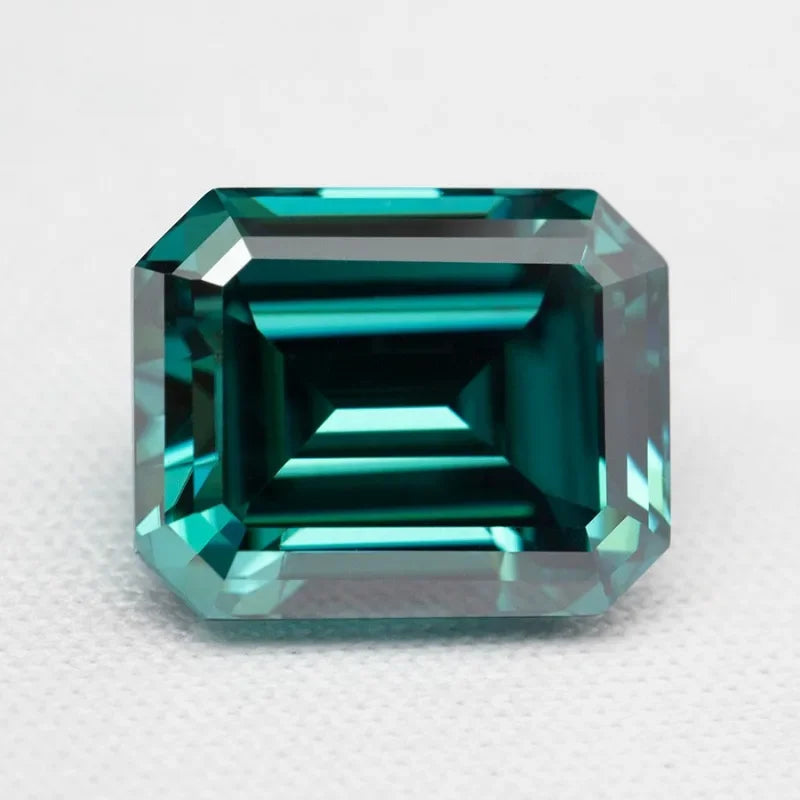 Emerald Cut Moissanite Gemstone. Green Emerald Color.