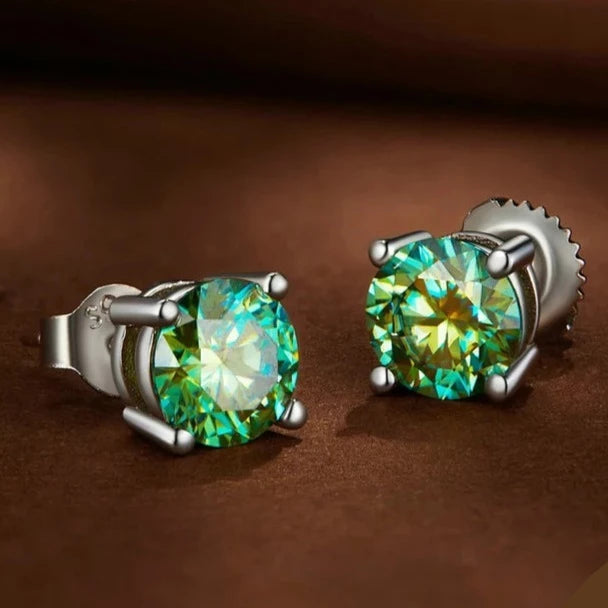 Green Color Moissanite Earrings. 2.0 Carat. Platinum-Plated Silver