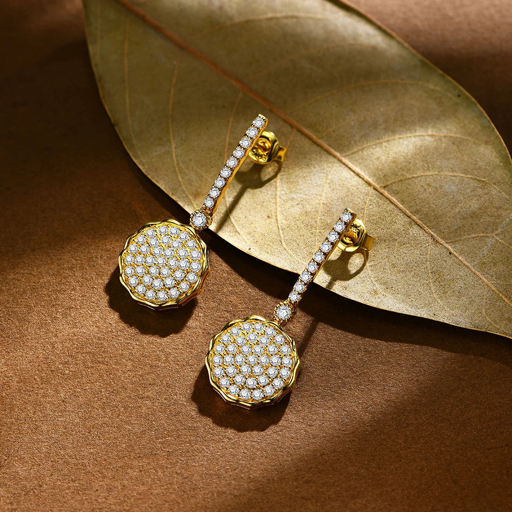 Luxury Moissanite Earrings. White - Yellow Gold Plated Silver Jewelry.