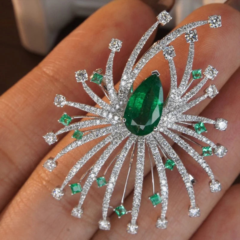 Emerald & Diamond Luxury Brooch and Necklace. 18K White Gold.