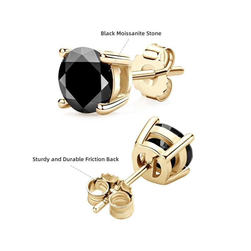 Black Moissanite Stud Earrings. 18K Gold Plated Silver. 1.0 to 4.0 Carats.