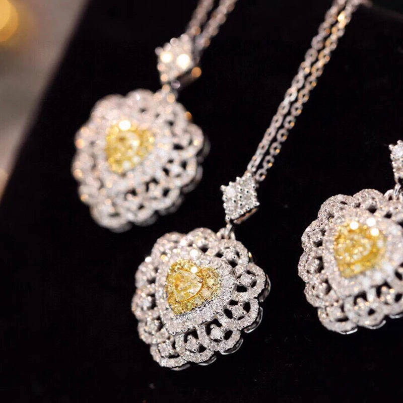 Heart Necklace with Yellow & White Diamonds. 18K White Gold.