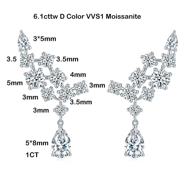 Luxury Moissanite Drop Earrings. D VVS1. 6.10 Carat. 18K Gols Plated Silver.