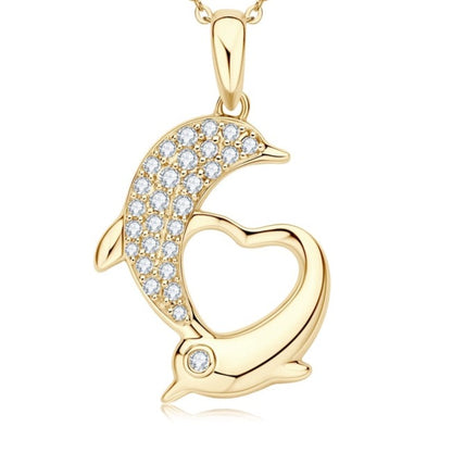 Dolphin-shaped Pendant Necklaces. Moissanite Gemstones D VVS1. 10K Gold.