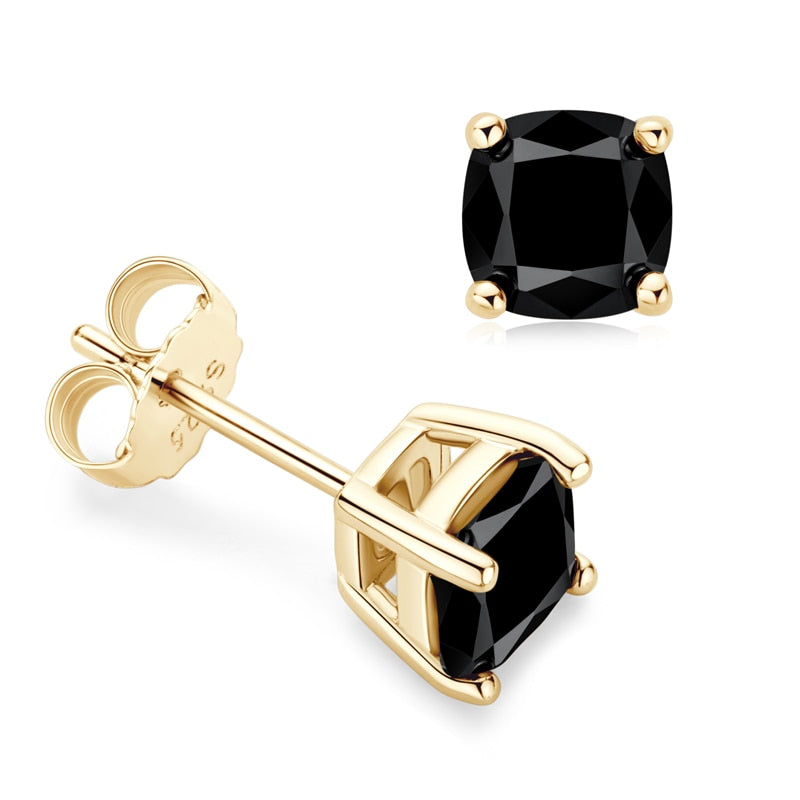 Cushion Cut. Elegant Black Moissanite Stud Earrings. Total 2.0 Carat.