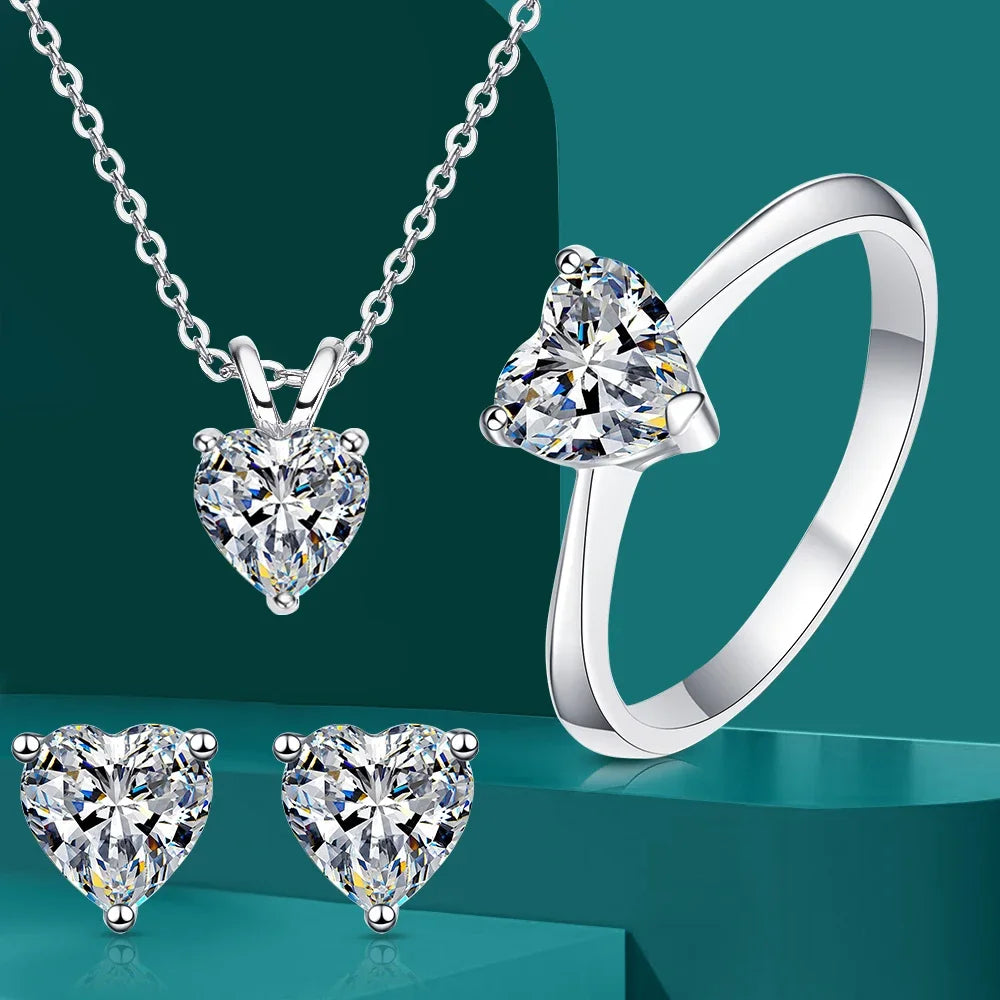 Heart Shape Moissanite Diamond Jewelry Set. Ring, Earring, Necklace.