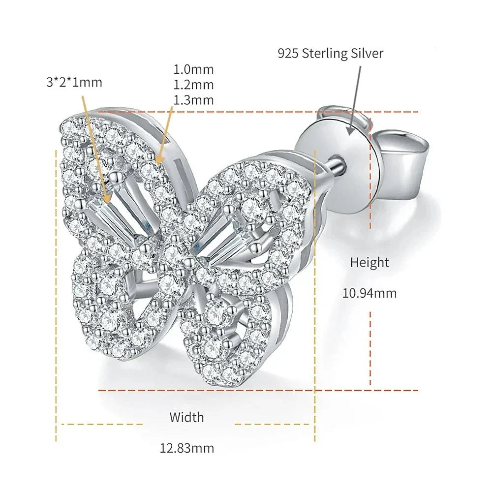 Butterfly Earrings. Moissanite Diamond Earrings. Platinum-Plated Silver.