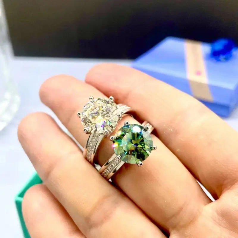 White - Green Color Moissanite Engagement Rings. 3.0 To 5.0 Carat.
