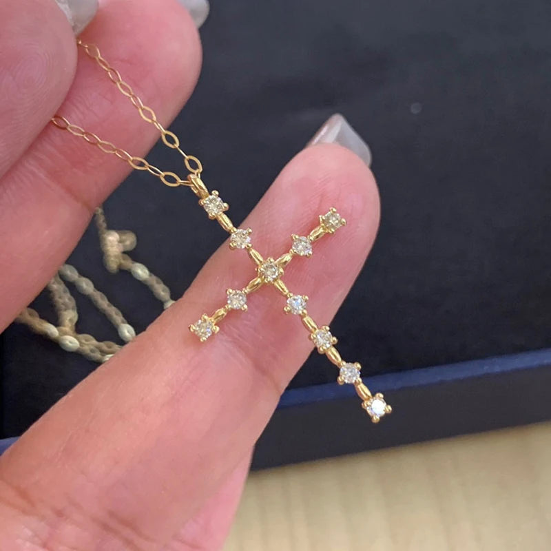 Diamond Cross Pendant Necklaces. 18K Yellow Gold. Natural Diamond.