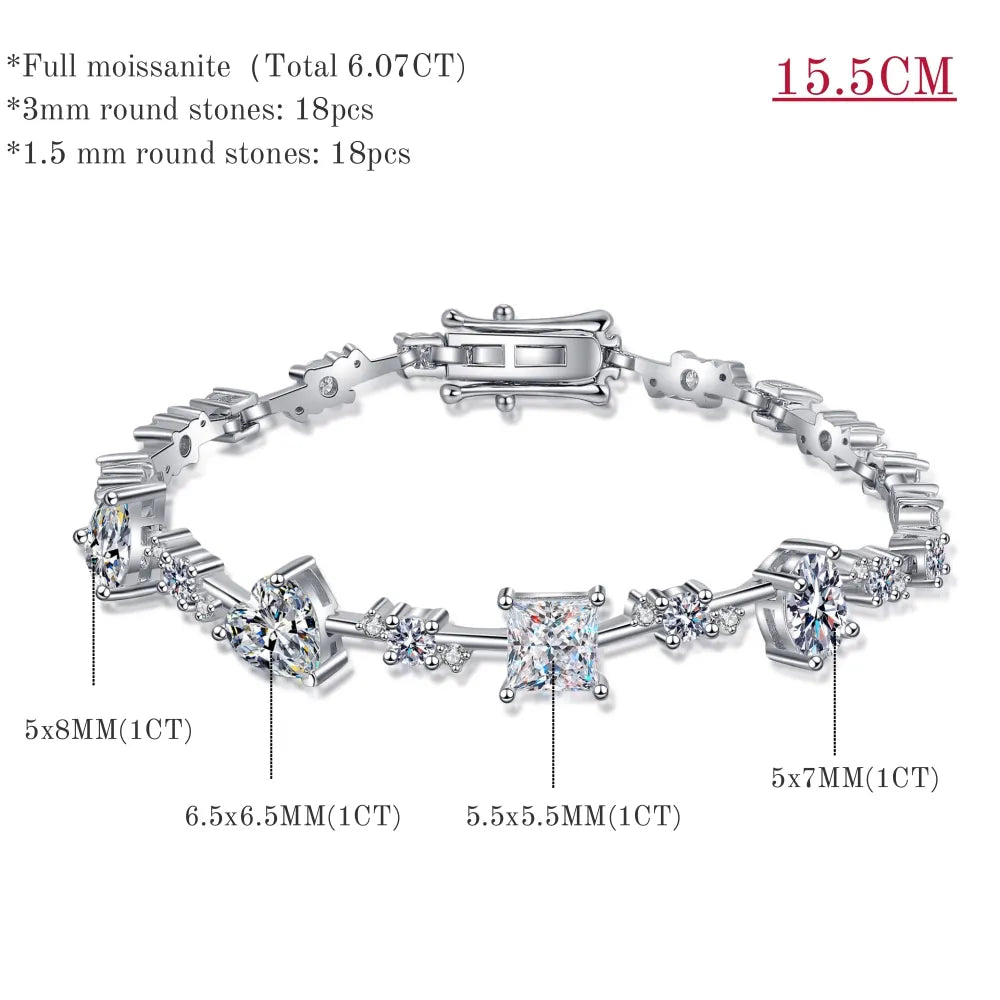 Elegant Multi-shaped Stones Moissanite Bracelets. Total 6.43 Carat. D VVS1.