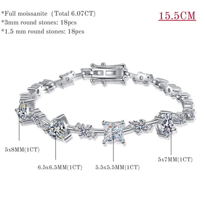 Elegant Multi-shaped Stones Moissanite Bracelets. Total 6.43 Carat. D VVS1.