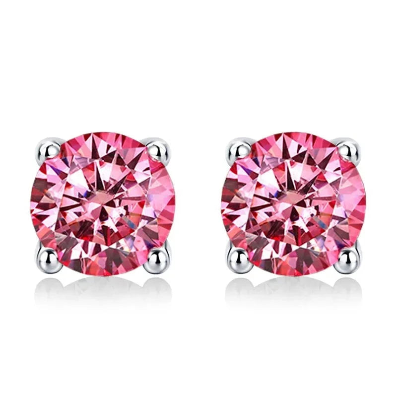 Pink Moissanite Stud Earrings. 2.0 Carat. 18K White Gold Plated Silver.