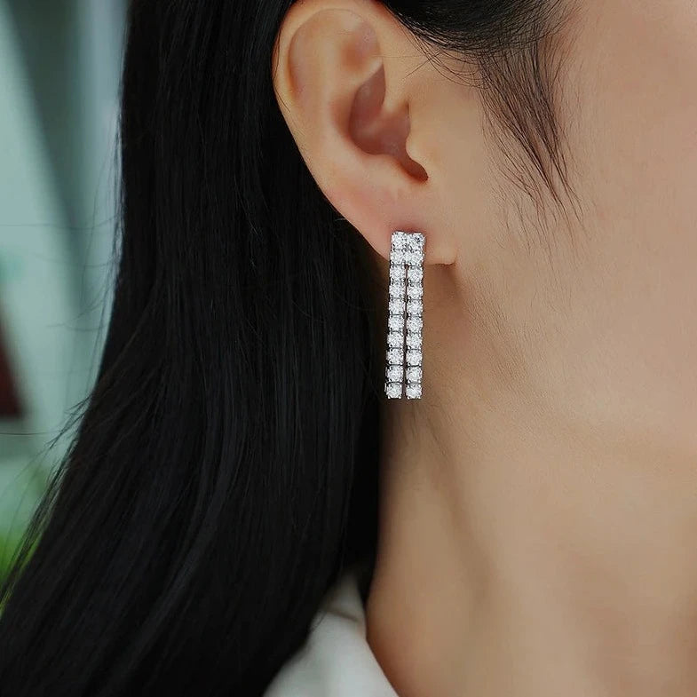 Moissanite Drop Earrings. Double Row Gemstones. Total 4.0 Carat.