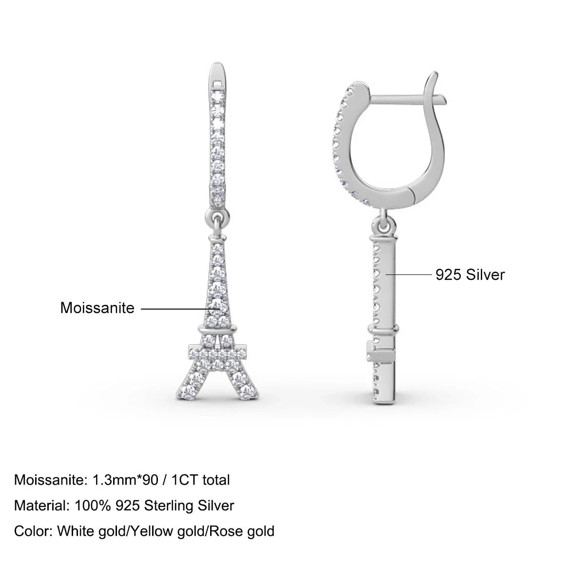 Eiffel Tower Shaped Moissanite Earrings. Total 1.0 Carat Genuine Moissanite.