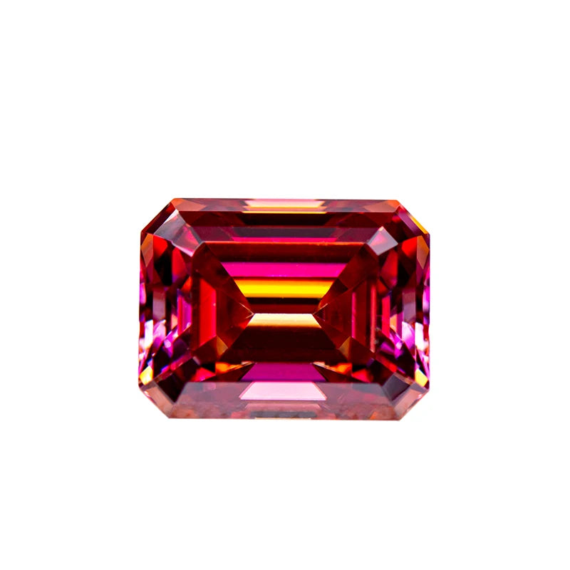 Loose Moissanite Gemstone. Watermelon Red Color. Emerald Cut.