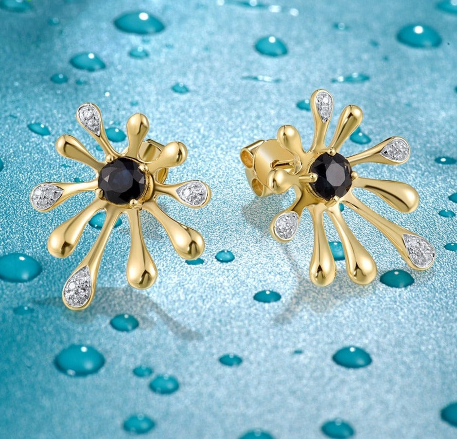 Diamond, Blue Sapphire Earrings. 15K Yellow Gold.