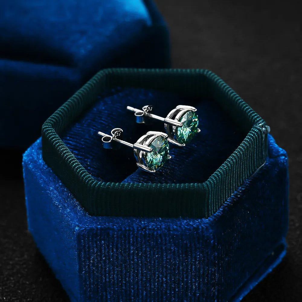 Moissanite Stud Earrings. 0.30 to 2 Carat. Blue Green Genuine Moissanite Diamond.