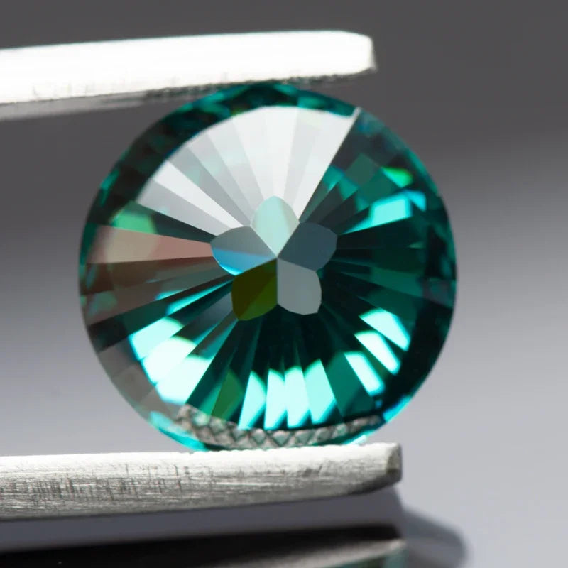 Moissanite Gems. Sakura Cut. Round Shape. Emerald Green Color.