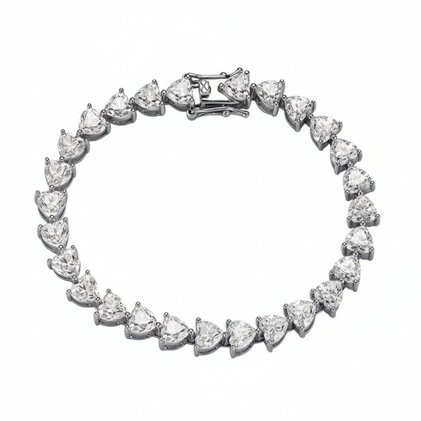 Silver bracelet with heart-shaped gemstones and measurement details on a white background