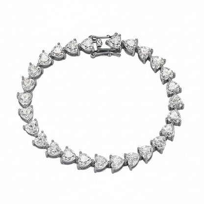 Silver bracelet with heart-shaped gemstones and measurement details on a white background