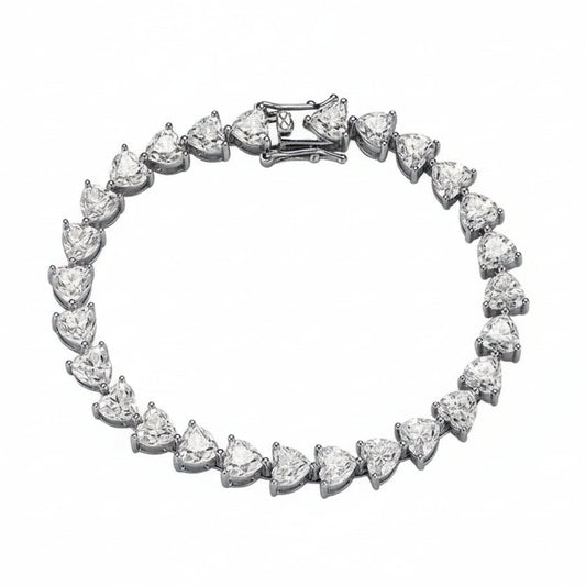 Silver bracelet with heart-shaped gemstones and measurement details on a white background
