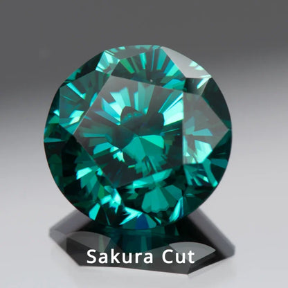 Moissanite Gems. Sakura Cut. Round Shape. Emerald Green Color.