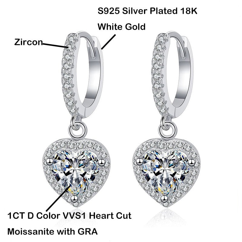 Genuine 1.0 Carat Heart Cut Moissanite Diamond Drop Earrings