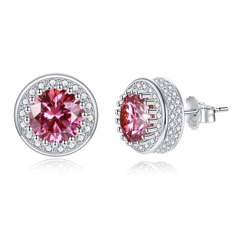 Pink Moissanite Stud Earrings. 2.0 Carat. 18K White Gold Plated Silver.