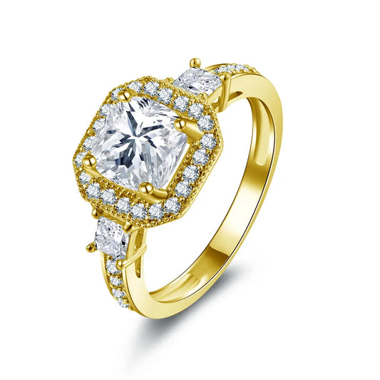 Luxury Gold Moissanite Engagement Rings. 2.0 Carat. Cushion Cut.