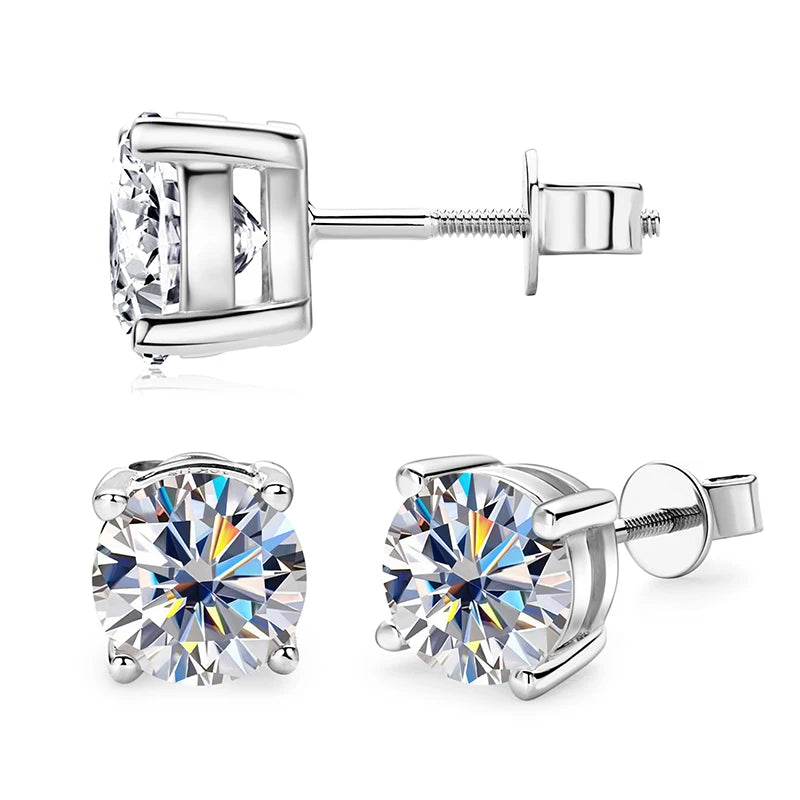 Gold Stud Earrings. Genuine Moissanite 8mm 2.0ct. Total 4.0 Carat.