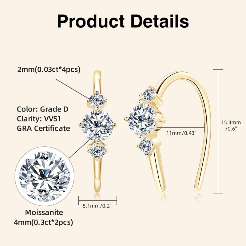 Genuine Moissanite Earrings 0.72 Carat. 18K Gold Plated Silver