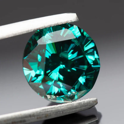 Moissanite Gems. Sakura Cut. Round Shape. Emerald Green Color.