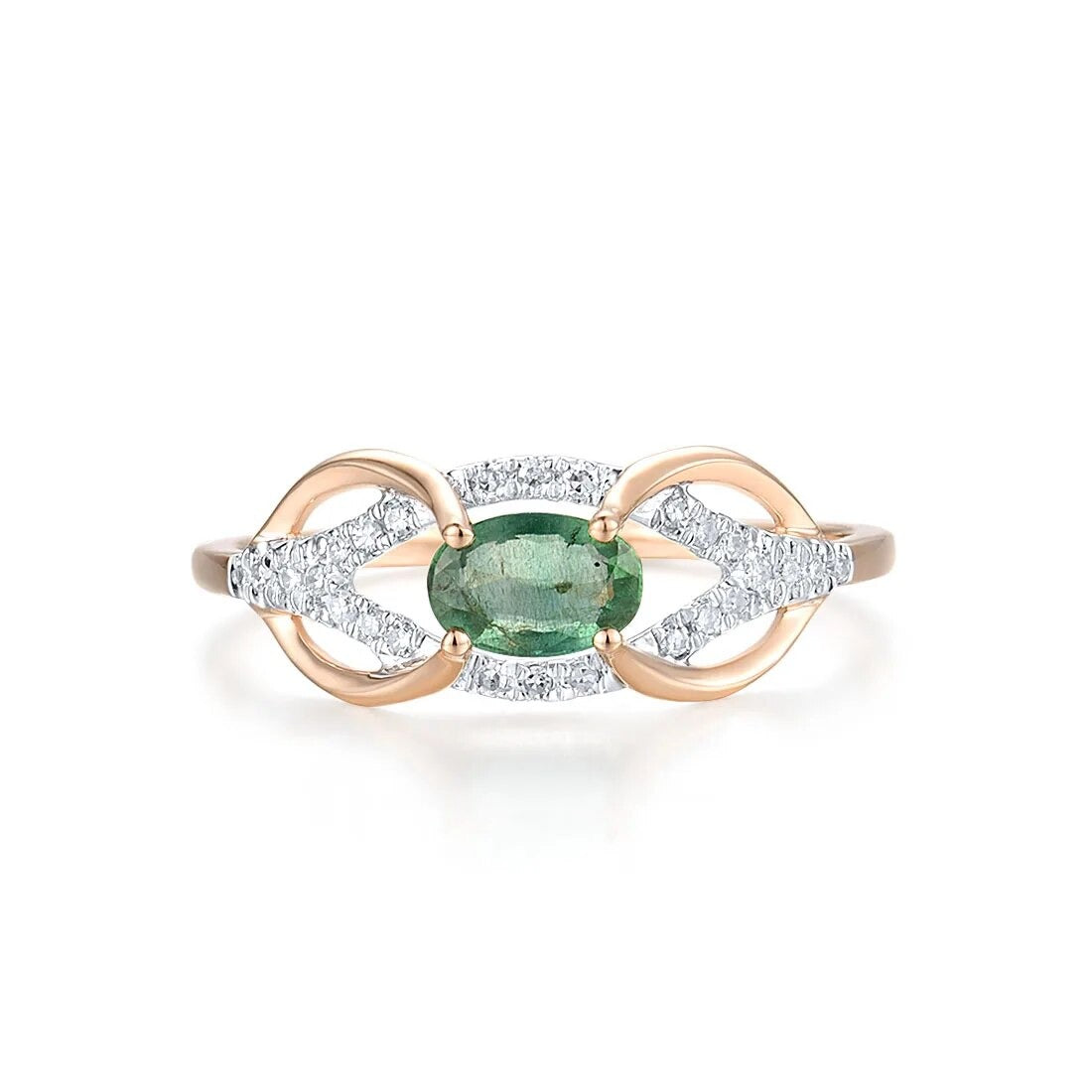 Natural Emerald and Diamond Rings. 14K Rose Gold.