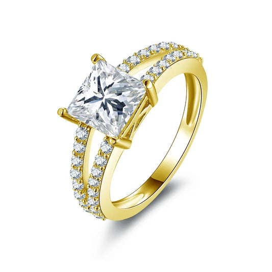 Elegant Moissanite Engagement Gold Rings, 2.0 Carat. Princess Cut.