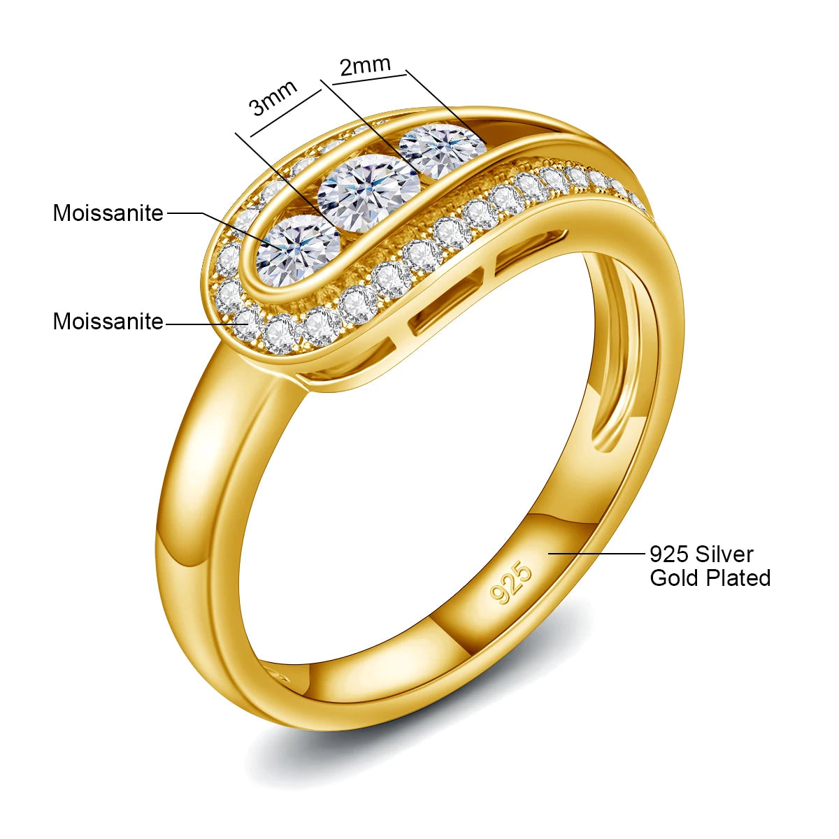 Elegant Moissanite Rings For Women. 18K Gold Plated Silver.