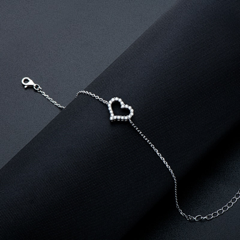 Heart-Shaped Moissanite Bracelets. 14K White Gold Plated Silver.