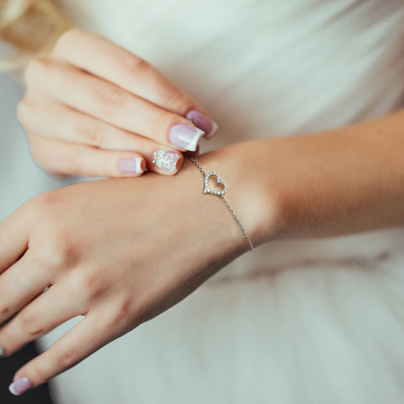 Heart-Shaped Moissanite Bracelets. 14K White Gold Plated Silver.