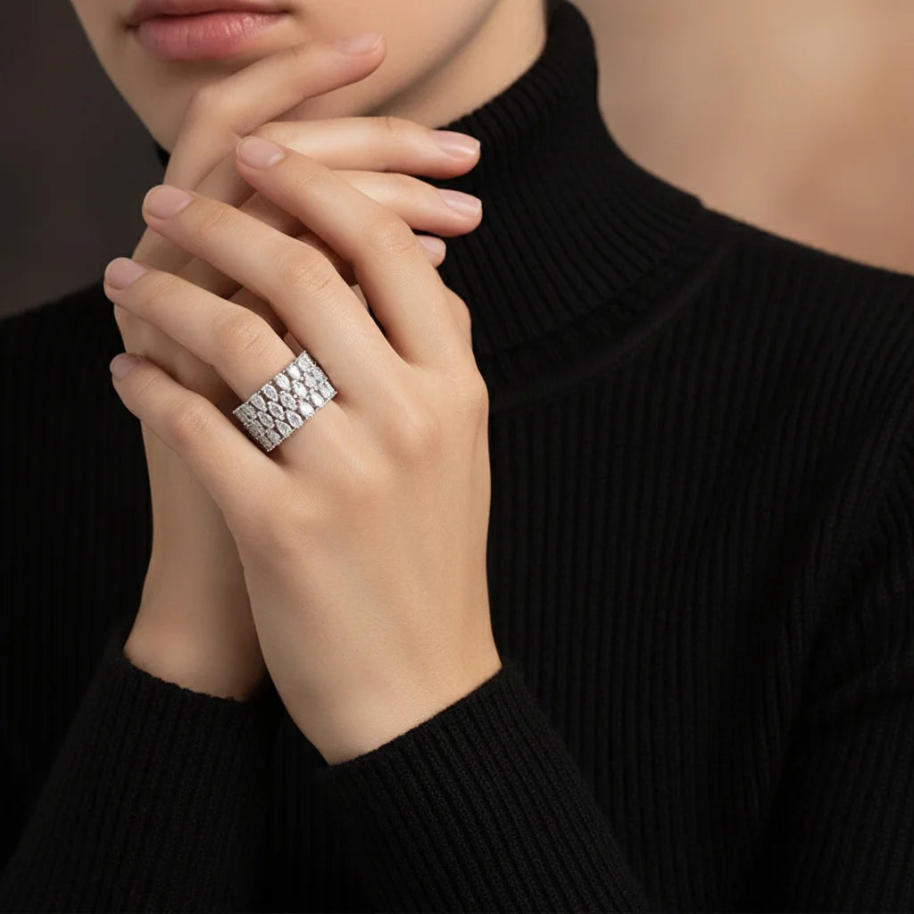 Full eternity ring with pear and marquise moissanite stones