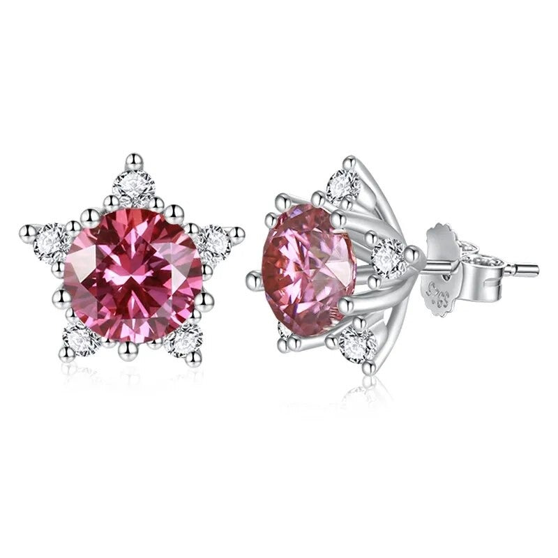 Pink Moissanite Stud Earrings. 2.0 Carat. 18K White Gold Plated Silver.